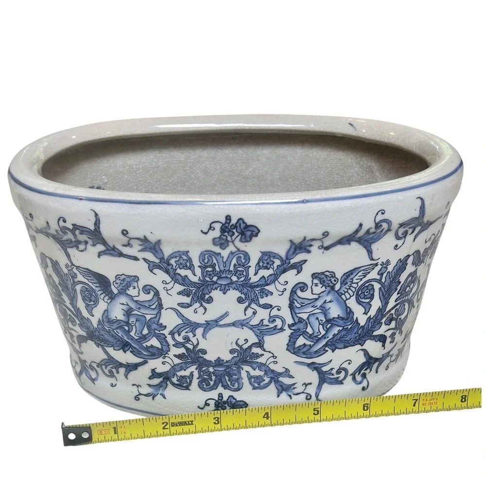 Vintage Blue and White Porcelain Oval Planter Cherub Fish Motif Crackle Glaze